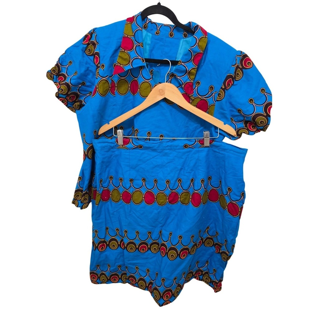 African Print Women's Two Piece Set Skirt Sleeve Top‎ Bright Blue Geometric